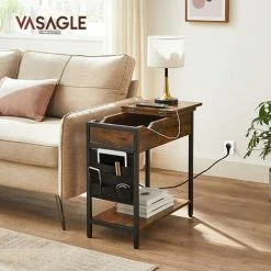 VASAGLE Table D'Appoint Avec Prise D’Alimentation, Bout De Canapé, Petite Table, Dessus Rabattable, Table De Chevet, Pochette En Tissu, Pour Salon, Chambre, Marron Rustique Et Noir Par SONGMICS LET311B01 - Marron Rustique Et Noir