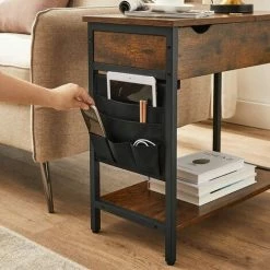 VASAGLE Table D'Appoint Avec Prise D’Alimentation, Bout De Canapé, Petite Table, Dessus Rabattable, Table De Chevet, Pochette En Tissu, Pour Salon, Chambre, Marron Rustique Et Noir Par SONGMICS LET311B01 - Marron Rustique Et Noir -SONGMICS Soldes 66407208 3