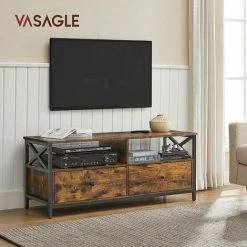 VASAGLE Meuble TV Industriel, Table Télé Jusqu'à 55 Pouces, Avec 2 Tiroirs Et 2 Étagères Ouvertes, 120 X 40 X 50 Cm, Pour Salon, Chambre, Cadre En Acier, Marron Rustique Et Noir Par SONGMICS LTV300B01 - Marron Rustique Et Noir