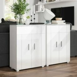 VASAGLE Meuble De Salle De Bain, Porte Et Dessus Brillants, Placard De Rangement Double Portes, 2 Étagères Réglables, Armoire, Pour Cuisine, Chambre, 60 X 30 X 82 Cm, Blanc Par SONGMICS BBK144W01 - Blanc -SONGMICS Soldes 67371279 3