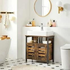 VASAGLE Meuble Sous Lavabo, Armoire Salle De Bain, Placard Rangement, 60 X 30 X 60 Cm, Avec Cadre Acier, Portes Persiennes, Planche Réglable, Style Industriel, Marron Rustique Et Noir Par SONGMICS BBC901B01 - Marron Rustique Et Noir