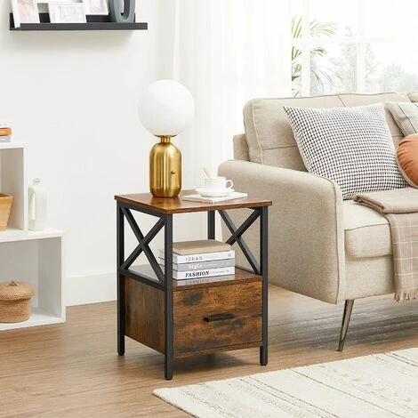VASAGLE Table De Chevet, Table De Nuit, Table D’appoint, Avec Compartiment Ouvert, Tiroir, 40 X 40 X 55 Cm, Marron Rustique Et Noir Par SONGMICS LET508B01 - Marron Rustique Et Noir 4 VASAGLE Table De Chevet, Table De Nuit, Table D’appoint, Avec Compartiment Ouvert, Tiroir, 40 X 40 X 55 Cm, Marron Rustique Et Noir Par SONGMICS LET508B01 - Marron Rustique Et Noir – Image 2