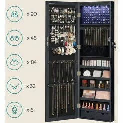 SONGMICS Armoire à Bijoux, Meuble De Rangement Mural Pour Colliers, Boucles D’Oreilles, Placard à Accessoires, Avec Miroir, Divers Compartiments, Verrouillable, Noir JJC093B01 - Noir -SONGMICS Soldes 68259081 3