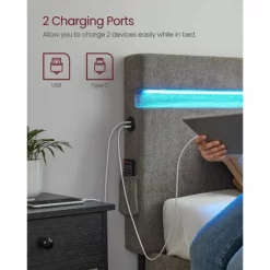 VASAGLE Lit Simple, Cadre De Lit 1 Personne, Avec Tête De Lit, Éclairage LED, Prise Port USB Et Type-C, Style Moderne, Pour Chambre D’Amis, Adolescent, Gris Foncé Par SONGMICS RMB801G71 - Gris Foncé -SONGMICS Soldes 68259086 3
