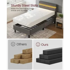 VASAGLE Lit Simple, Cadre De Lit 1 Personne, Avec Tête De Lit, Éclairage LED, Prise Port USB Et Type-C, Style Moderne, Pour Chambre D’Amis, Adolescent, Gris Foncé Par SONGMICS RMB801G71 - Gris Foncé -SONGMICS Soldes 68259086 4