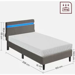 VASAGLE Lit Simple, Cadre De Lit 1 Personne, Avec Tête De Lit, Éclairage LED, Prise Port USB Et Type-C, Style Moderne, Pour Chambre D’Amis, Adolescent, Gris Foncé Par SONGMICS RMB801G71 - Gris Foncé -SONGMICS Soldes 68259086 5