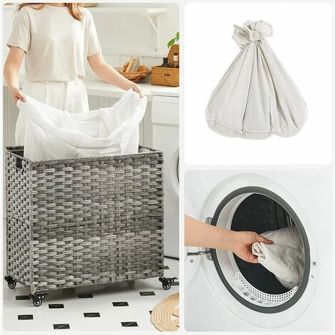 SONGMICS Panier à Linge Tissé à La Main, 140L, Imitation Rotin, 3 Parties, Sac Amovible, Couvercle, Poignées, Montage Facile, Salon, Salle De Bain, 66 X 33 X 60 Cm, Gris LCB363G01 4 SONGMICS Panier à Linge Tissé à La Main, 140L, Imitation Rotin, 3 Parties, Sac Amovible, Couvercle, Poignées, Montage Facile, Salon, Salle De Bain, 66 X 33 X 60 Cm, Gris LCB363G01 – Image 2