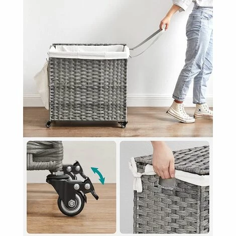 SONGMICS Panier à Linge Tissé à La Main, 140L, Imitation Rotin, 3 Parties, Sac Amovible, Couvercle, Poignées, Montage Facile, Salon, Salle De Bain, 66 X 33 X 60 Cm, Gris LCB363G01 5 SONGMICS Panier à Linge Tissé à La Main, 140L, Imitation Rotin, 3 Parties, Sac Amovible, Couvercle, Poignées, Montage Facile, Salon, Salle De Bain, 66 X 33 X 60 Cm, Gris LCB363G01 – Image 3