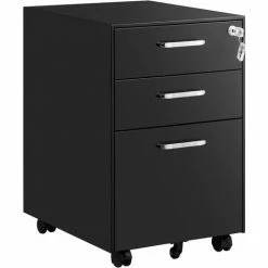 SONGMICS Caisson De Bureau, Placard De Rangement Mobile, Avec Roulettes, Pour Documents Et Dossier Suspendu, Avec 3 Tiroirs Et Serrure, En Acier, Noir OFC010B01 - Noir