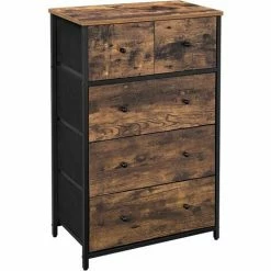 SONGMICS Commode, Meuble De Rangement, Avec 5 Tiroirs En Tissu, Devant Et Dessus En MDF, Style Industriel, Pour Salon, Couloir, Chambre D'enfant, Marron Rustique Et Noir LGS45H - Marron Rustique Et Noir