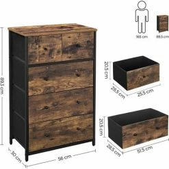 SONGMICS Commode, Meuble De Rangement, Avec 5 Tiroirs En Tissu, Devant Et Dessus En MDF, Style Industriel, Pour Salon, Couloir, Chambre D'enfant, Marron Rustique Et Noir LGS45H - Marron Rustique Et Noir -SONGMICS Soldes 68600049 5