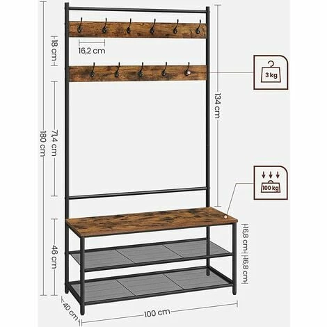 VASAGLE Porte-Manteau Sur Pieds, Meuble Entrée, Vestiaire Industriel, Avec Banc à Chaussures, 11 Crochets, Étagères Réglables, Pour Entrée, Couloir, Chambre, Marron Rustique Et Noir Par SONGMICS HSR410B01 - Marron Rustique Et Noir 7 VASAGLE Porte-Manteau Sur Pieds, Meuble Entrée, Vestiaire Industriel, Avec Banc à Chaussures, 11 Crochets, Étagères Réglables, Pour Entrée, Couloir, Chambre, Marron Rustique Et Noir Par SONGMICS HSR410B01 - Marron Rustique Et Noir – Image 5