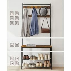 VASAGLE Porte-Manteau, Meuble D’Entrée, Vestiaire, Portant, Avec Banc Et Étagères à Chaussures, Crochets, Cadre En Métal, Hauteur 175 Cm, Style Industriel, Marron Rustique Et Noir Par SONGMICS HSR401B01 - Marron Rustique Et Noir