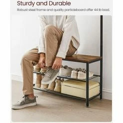 VASAGLE Porte-Manteau, Meuble D’Entrée, Vestiaire, Portant, Avec Banc Et Étagères à Chaussures, Crochets, Cadre En Métal, Hauteur 175 Cm, Style Industriel, Marron Rustique Et Noir Par SONGMICS HSR401B01 - Marron Rustique Et Noir -SONGMICS Soldes 68600052 4