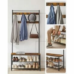VASAGLE Porte-Manteau, Meuble D’Entrée, Vestiaire, Portant, Avec Banc Et Étagères à Chaussures, Crochets, Cadre En Métal, Hauteur 175 Cm, Style Industriel, Marron Rustique Et Noir Par SONGMICS HSR401B01 - Marron Rustique Et Noir -SONGMICS Soldes 68600052 5