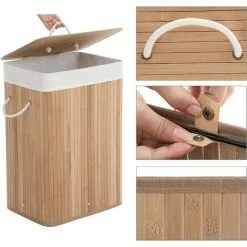 SONGMICS Corbeille à Linge, Panier à Linge En Bambou Pliable, Rectangulaire, Avec Sac Amovible Lavable, 3 Poignées, 40 X 30 X 60 Cm, Couleur Boisée LCB10Y - Boisée -SONGMICS Soldes 8766334 4