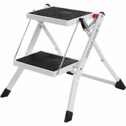 SONGMICS Escabeau à 2 Marches, Marche-Pieds Pliable, Largeur De Marche 20 Cm, Caoutchouc Antidérapant, Avec Poignée, Charge 150 Kg, En Acier, Avec Certificat TÜV GS,Blanc Et Noir GSL02WT - Blanc Et Noir
